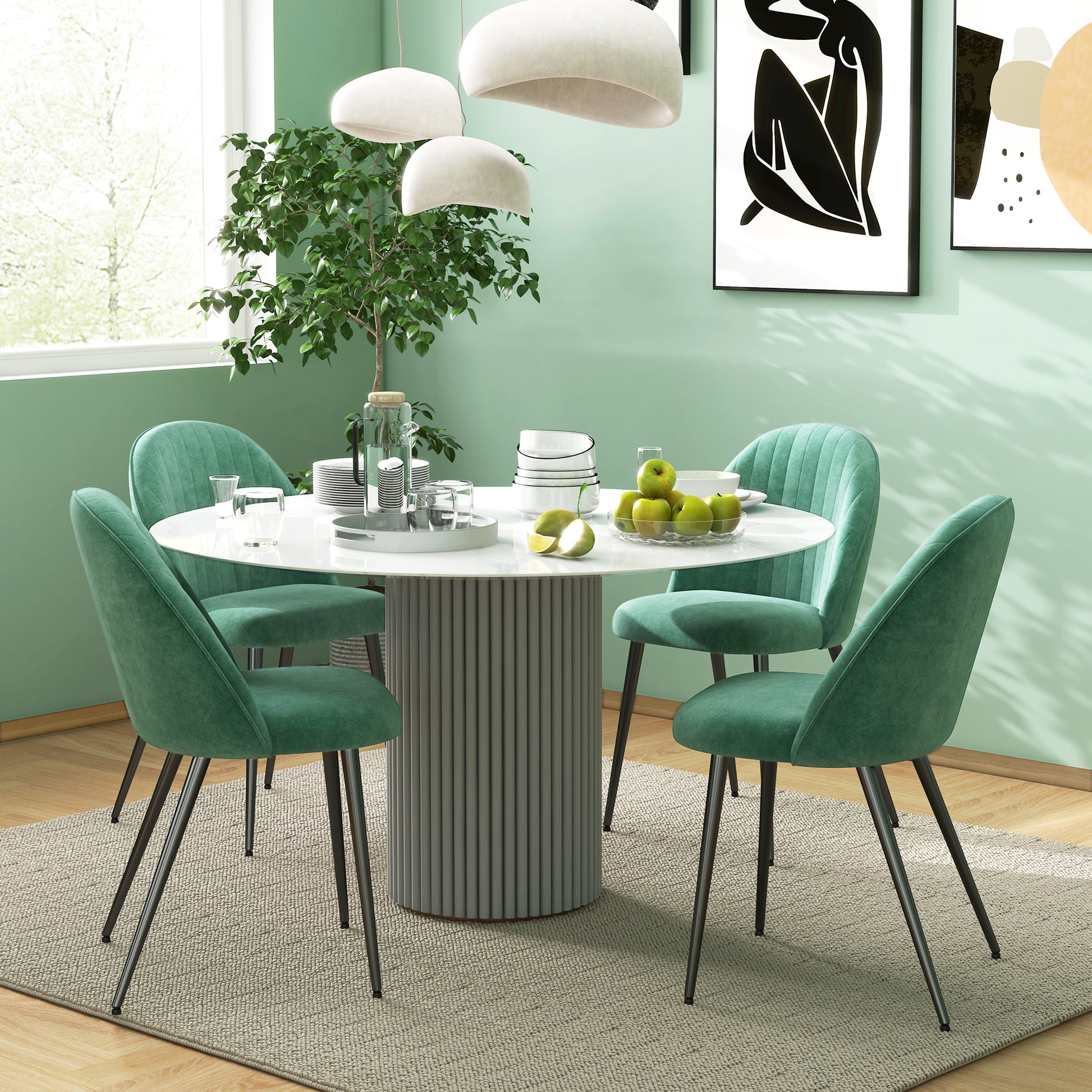 Set of 4 Modern Upholstered Chairs with Curved Backrest, Dining Chairs in Velvet Effect Fabric and Steel, 50x52x83 cm, Green
