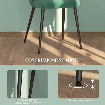 Set of 4 Modern Upholstered Chairs with Curved Backrest, Dining Chairs in Velvet Effect Fabric and Steel, 50x52x83 cm, Green