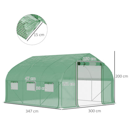 Garden Tunnel Greenhouse, 10.4 m², UV-Resistant Garden Greenhouse, Roll-Up Zipper Door, Mesh Windows, Galvanized Steel Tube and 140g/㎡ PE, 350 x 300 x 200 cm, Green