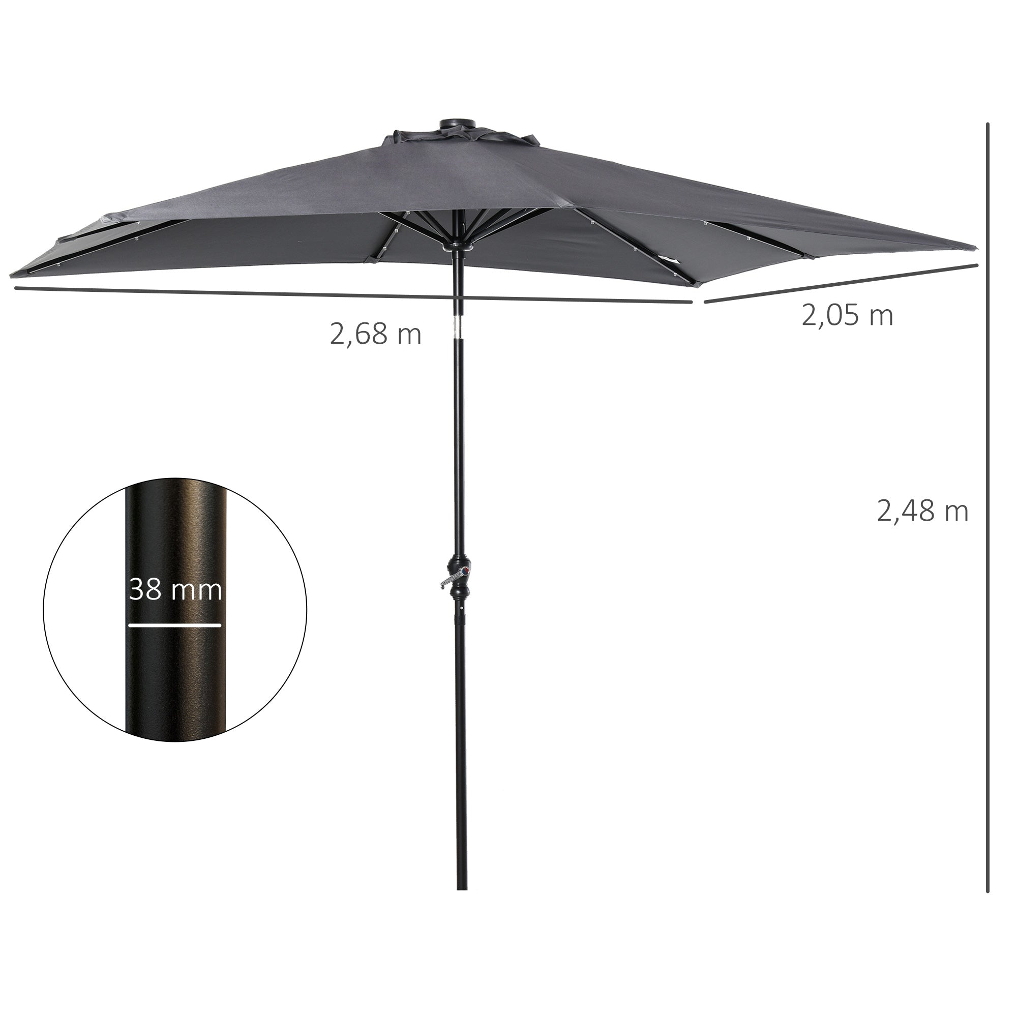 Garden Umbrella 268x205x248 cm Outdoor Terrace Umbrella with 45° Tilt Roof LED Solar Lights Steel Pole and Crank Parasol for Patio Terrace Dark Gray