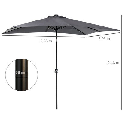 Garden Umbrella 268x205x248 cm Outdoor Terrace Umbrella with 45° Tilt Roof LED Solar Lights Steel Pole and Crank Parasol for Patio Terrace Dark Gray