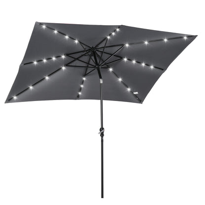Garden Umbrella 268x205x248 cm Outdoor Terrace Umbrella with 45° Tilt Roof LED Solar Lights Steel Pole and Crank Parasol for Patio Terrace Dark Gray