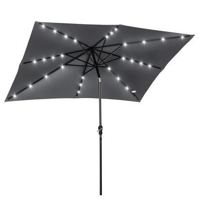 Garden Umbrella 268x205x248 cm Outdoor Terrace Umbrella with 45° Tilt Roof LED Solar Lights Steel Pole and Crank Parasol for Patio Terrace Dark Gray