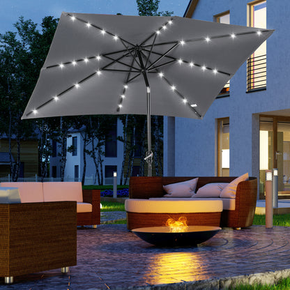 Garden Umbrella 268x205x248 cm Outdoor Terrace Umbrella with 45° Tilt Roof LED Solar Lights Steel Pole and Crank Parasol for Patio Terrace Dark Gray