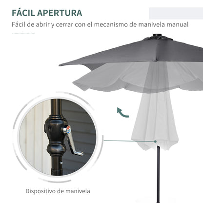 Garden Umbrella 268x205x248 cm Outdoor Terrace Umbrella with 45° Tilt Roof LED Solar Lights Steel Pole and Crank Parasol for Patio Terrace Dark Gray