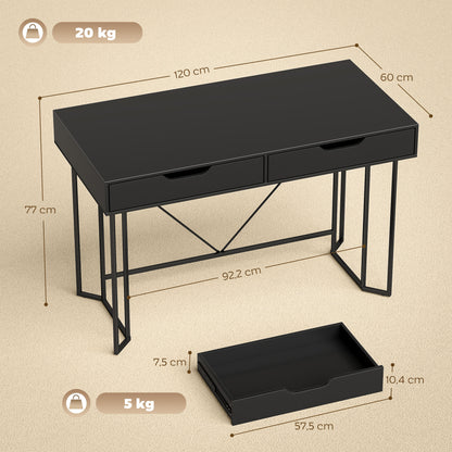 Computer Desk with 2 Drawers, Modern Design Metal Frame for Home Office & Bedroom — 47.2 x 23.6 x 30.3 in, Black
