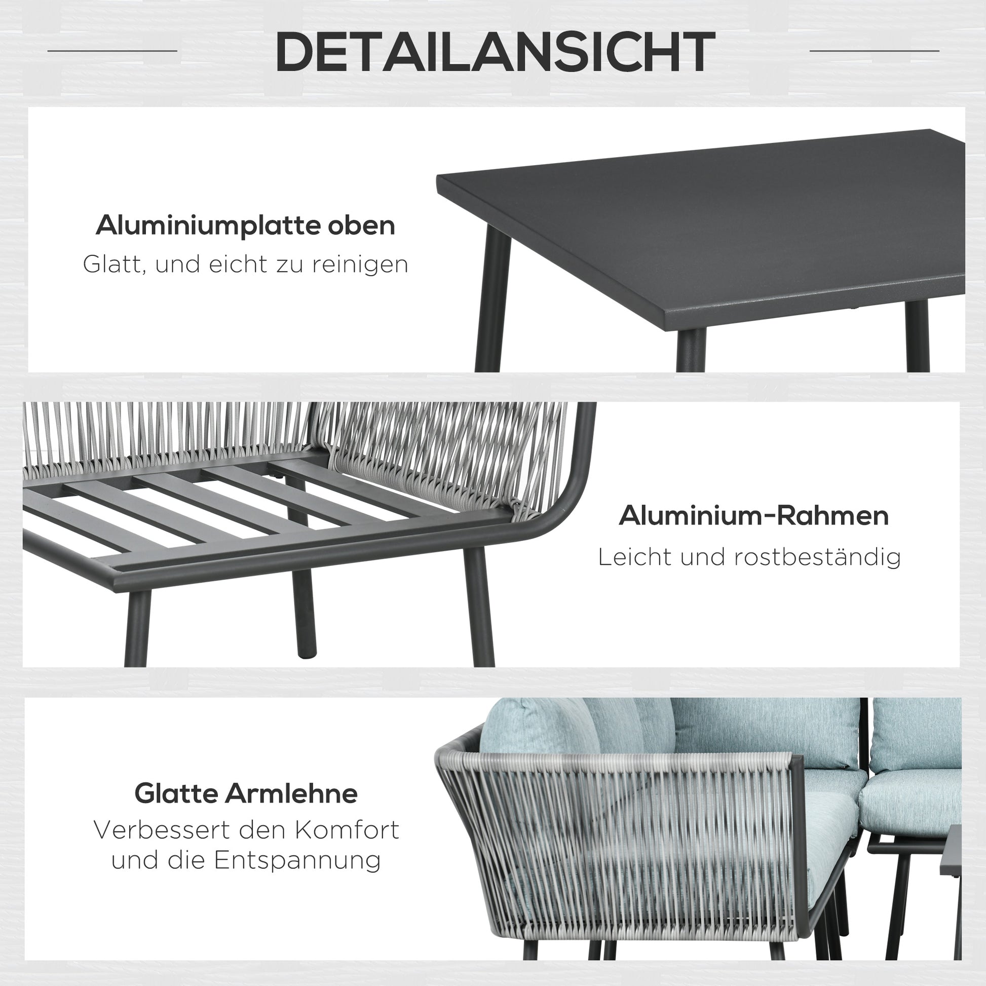 4-piece Rattan Garden Furniture Set, Seating Set with Cushions, Set with 2 Double Sofas, 1 Corner Sofa, 1 Coffee Table, Garden Set for Balcony, Patio, Aluminum+Polyester, Grey