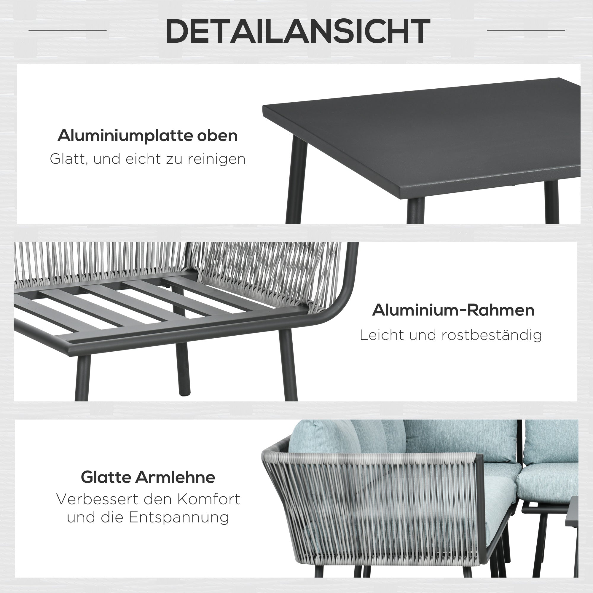 4-piece Rattan Garden Furniture Set, Seating Set with Cushions, Set with 2 Double Sofas, 1 Corner Sofa, 1 Coffee Table, Garden Set for Balcony, Patio, Aluminum+Polyester, Grey