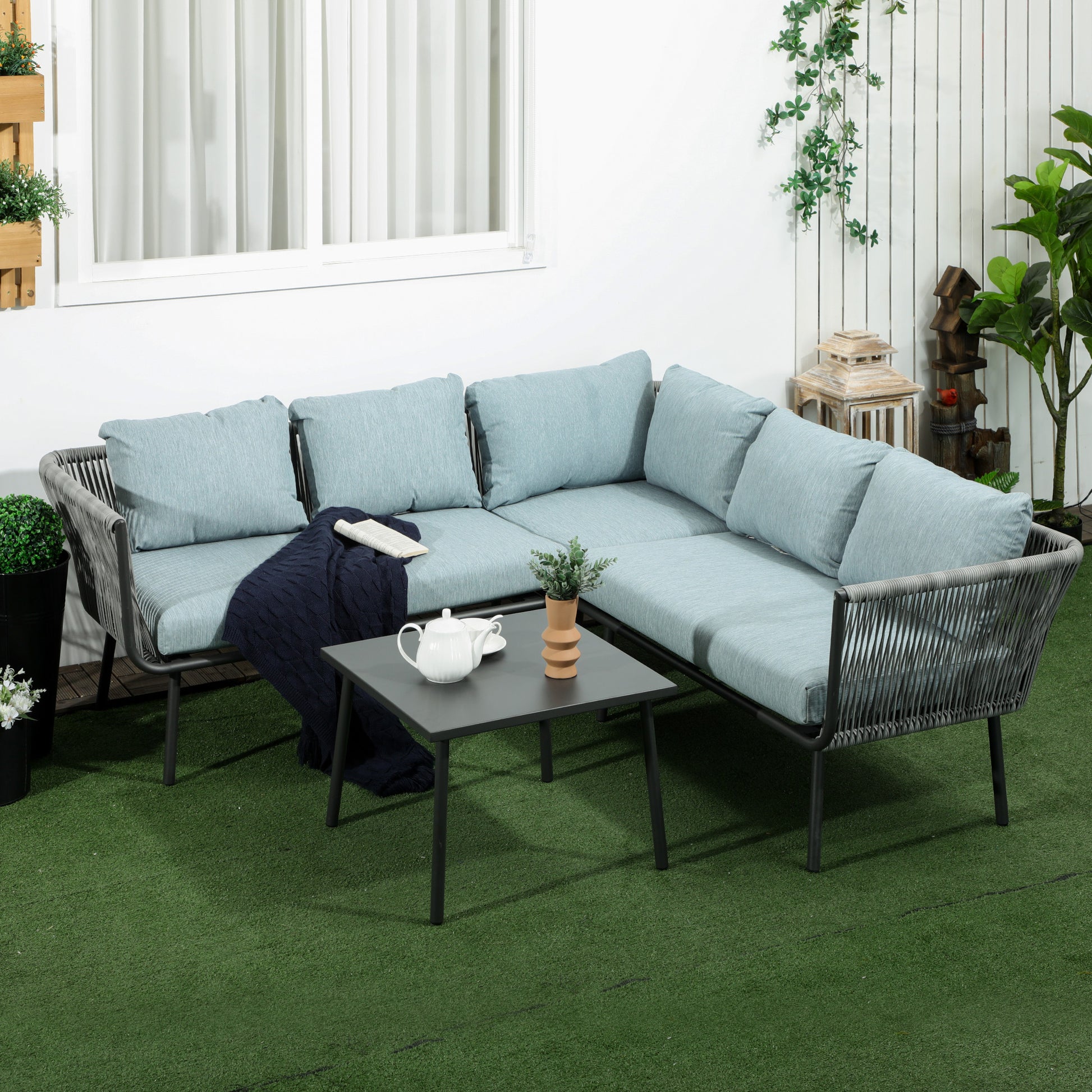 4-piece Rattan Garden Furniture Set, Seating Set with Cushions, Set with 2 Double Sofas, 1 Corner Sofa, 1 Coffee Table, Garden Set for Balcony, Patio, Aluminum+Polyester, Grey