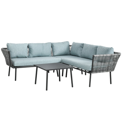 4-piece Rattan Garden Furniture Set, Seating Set with Cushions, Set with 2 Double Sofas, 1 Corner Sofa, 1 Coffee Table, Garden Set for Balcony, Patio, Aluminum+Polyester, Grey