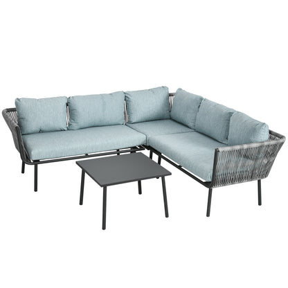 4-piece Rattan Garden Furniture Set, Seating Set with Cushions, Set with 2 Double Sofas, 1 Corner Sofa, 1 Coffee Table, Garden Set for Balcony, Patio, Aluminum+Polyester, Grey