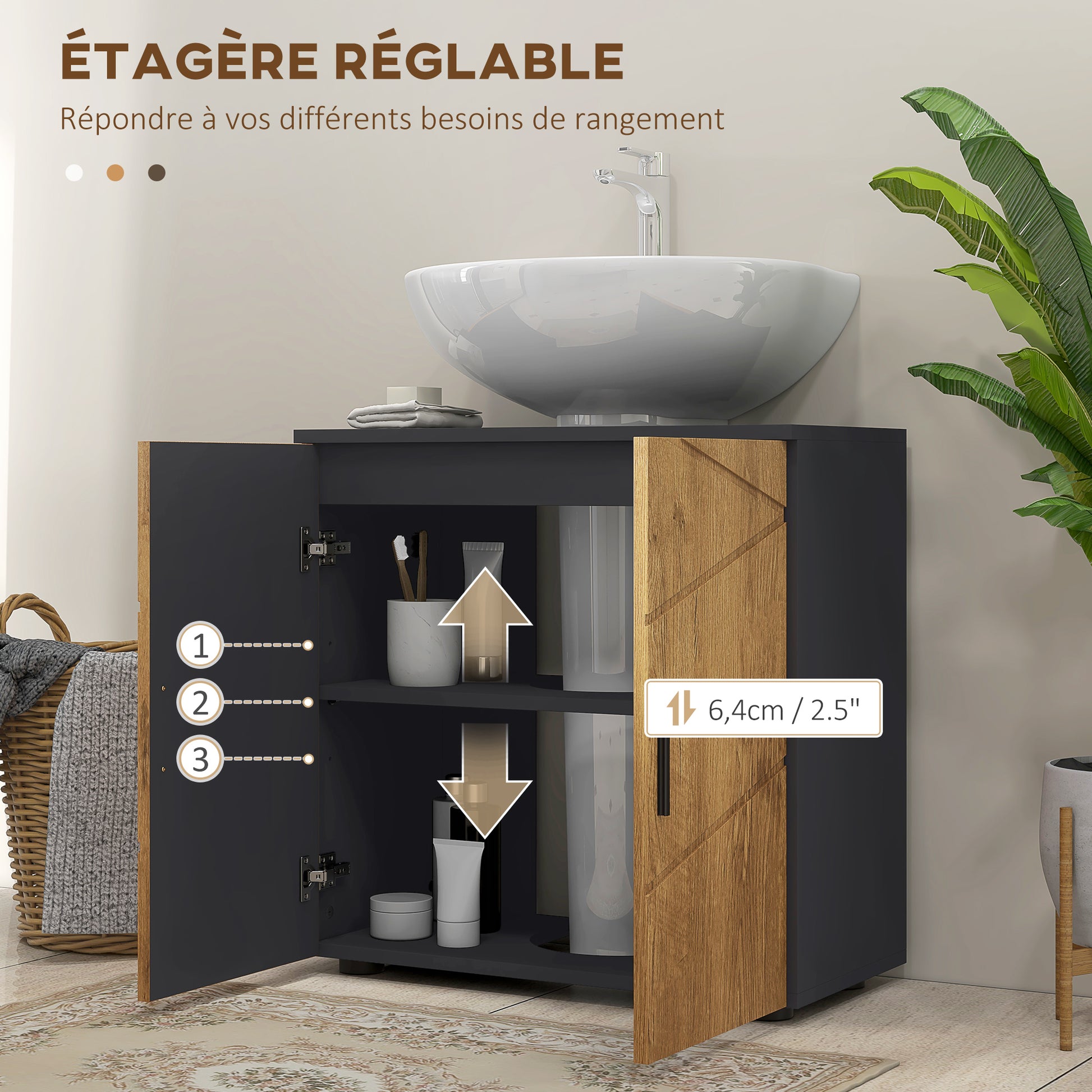 Under Sink Bathroom Cabinet 2 Doors with Adjustable Shelf Storage Cupboard for Washbasin 60 x 30 x 60 cm Anthracite Grey and Wood effect