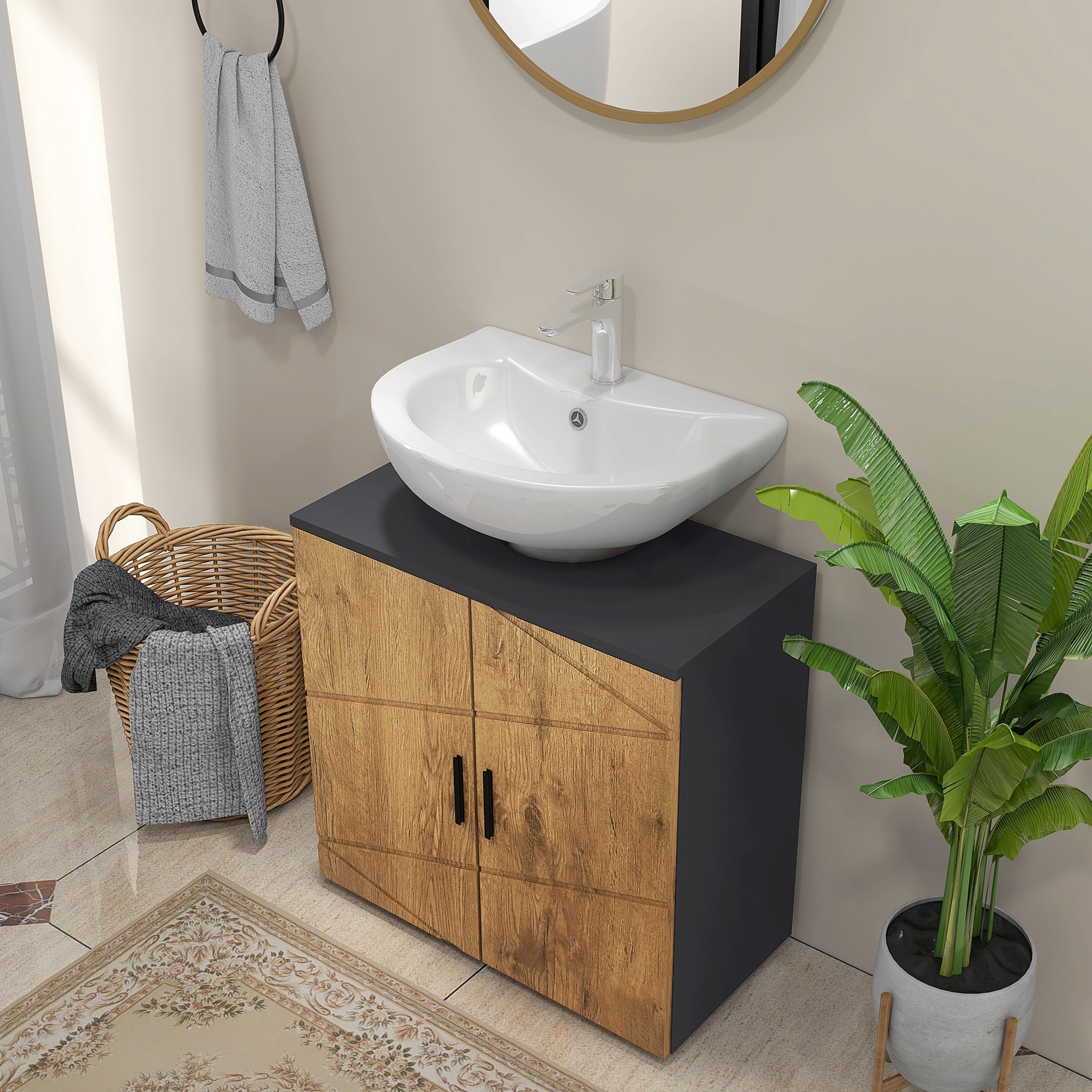 Under Sink Bathroom Cabinet 2 Doors with Adjustable Shelf Storage Cupboard for Washbasin 60 x 30 x 60 cm Anthracite Grey and Wood effect