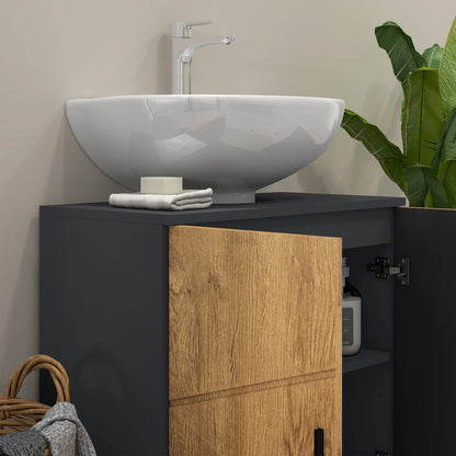 Under Sink Bathroom Cabinet 2 Doors with Adjustable Shelf Storage Cupboard for Washbasin 60 x 30 x 60 cm Anthracite Grey and Wood effect