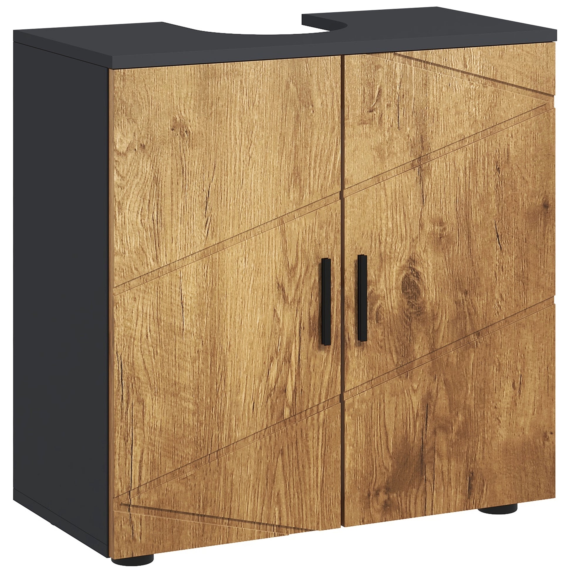 Under Sink Bathroom Cabinet 2 Doors with Adjustable Shelf Storage Cupboard for Washbasin 60 x 30 x 60 cm Anthracite Grey and Wood effect