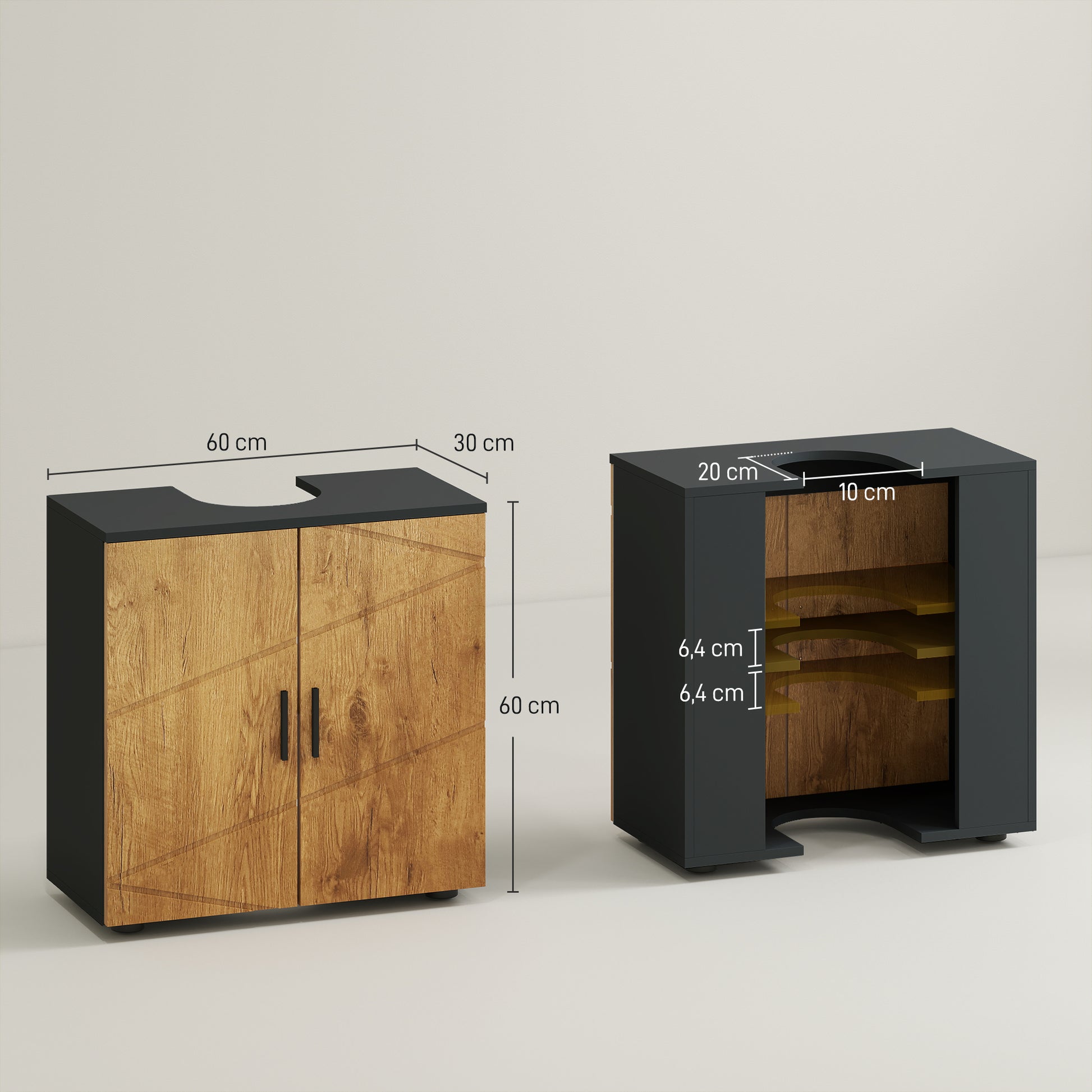 Under Sink Bathroom Cabinet 2 Doors with Adjustable Shelf Storage Cupboard for Washbasin 60 x 30 x 60 cm Anthracite Grey and Wood effect