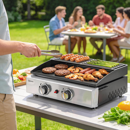 Portable Tabletop Gas Grill, 5 kW, 2 Burners, Ceramic-Coated Griddle, Warming Rack, Removable Grease Tray, Stainless Steel — Picnic & Balcony Grill