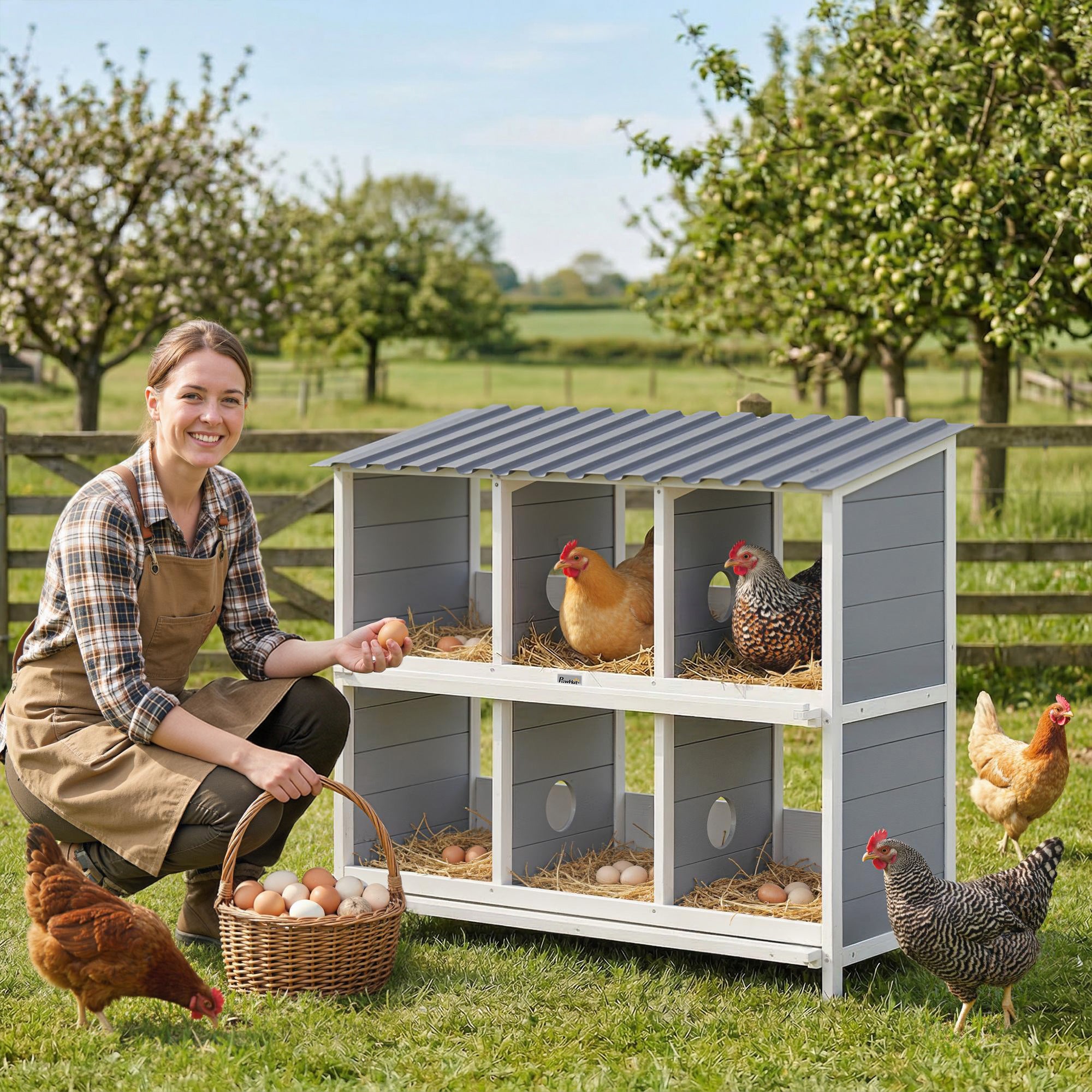 Elevated Wooden Nesting Box for Chickens — 6 Compartments & 4 Perches, 40.2×19.7×35.8 in, Gray