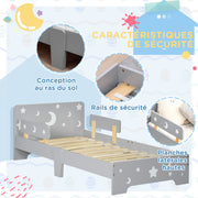 ZONEKIZ Children's Bed, Floor Bed for Children, 3 to 6 years old, 143 x 76 cm, star and moon design, slatted base included, for a child's room, gray