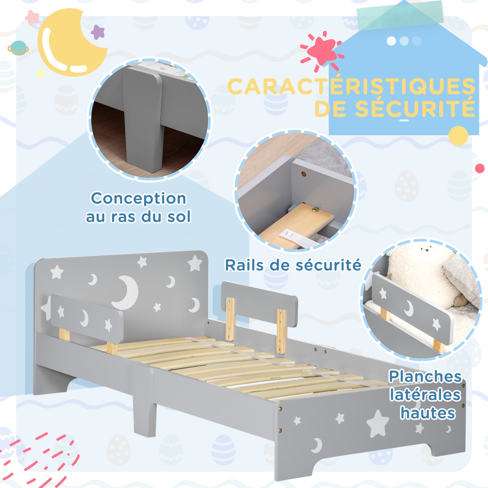 ZONEKIZ Children's Bed, Floor Bed for Children, 3 to 6 years old, 143 x 76 cm, star and moon design, slatted base included, for a child's room, gray