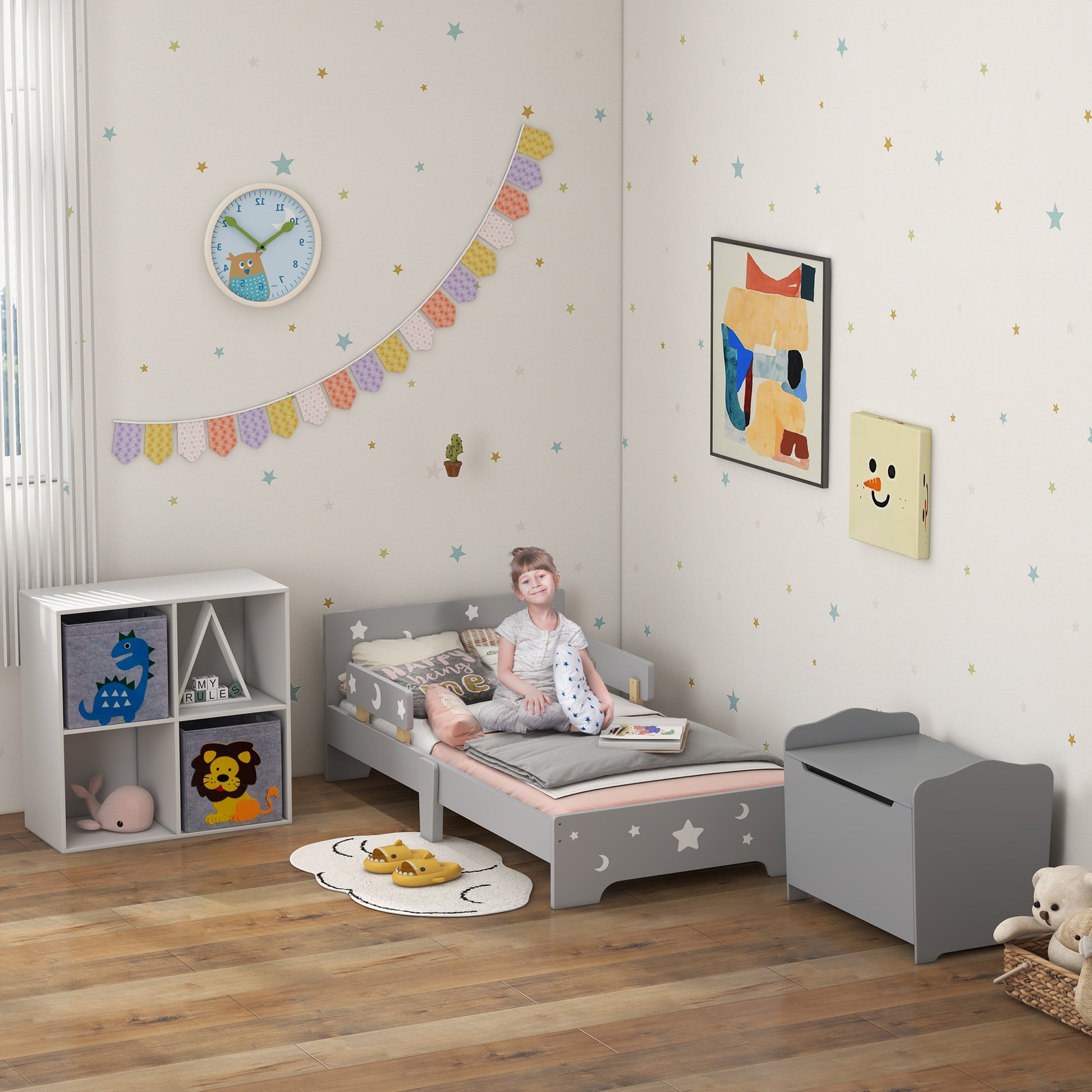ZONEKIZ Children's Bed, Floor Bed for Children, 3 to 6 years old, 143 x 76 cm, star and moon design, slatted base included, for a child's room, gray