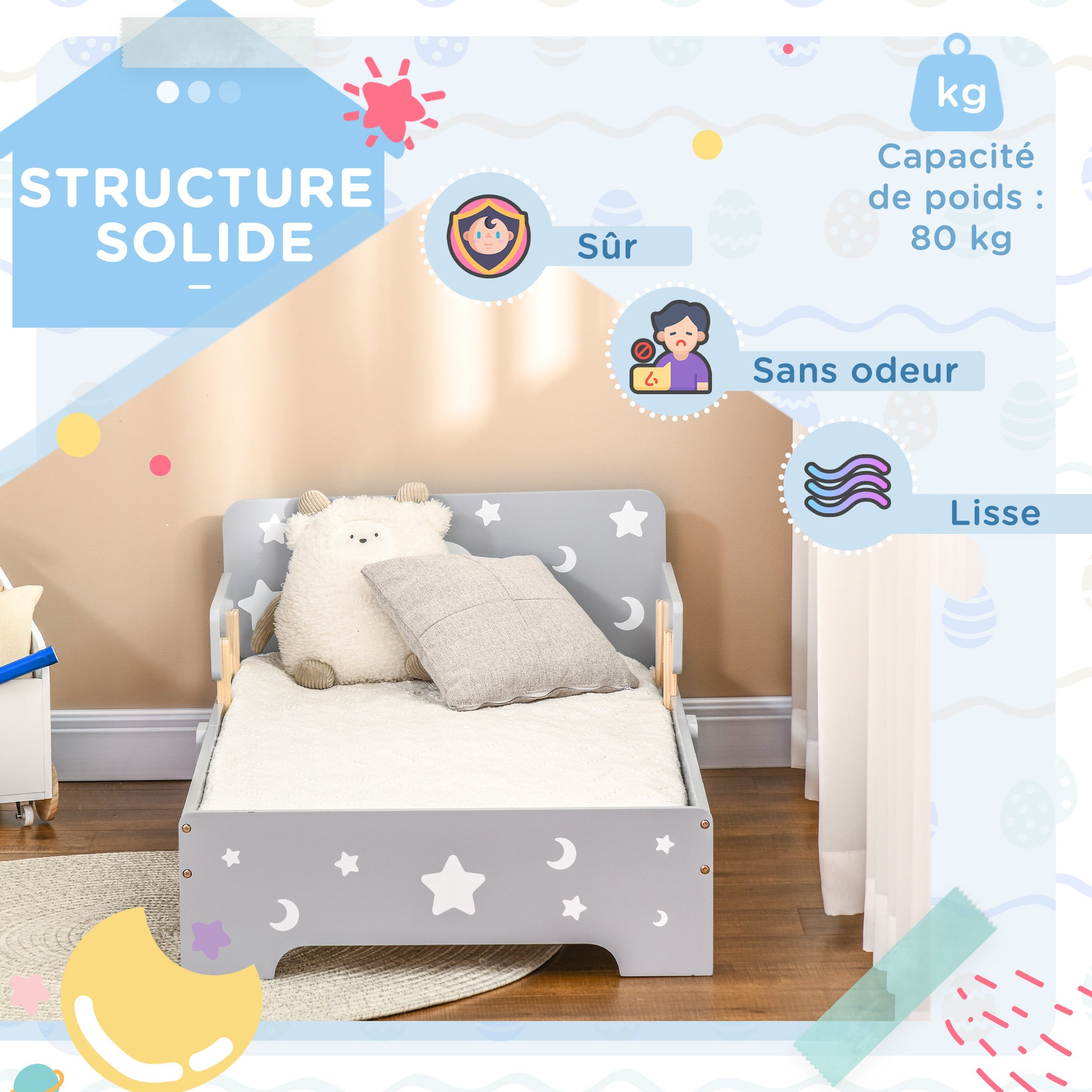 ZONEKIZ Children's Bed, Floor Bed for Children, 3 to 6 years old, 143 x 76 cm, star and moon design, slatted base included, for a child's room, gray