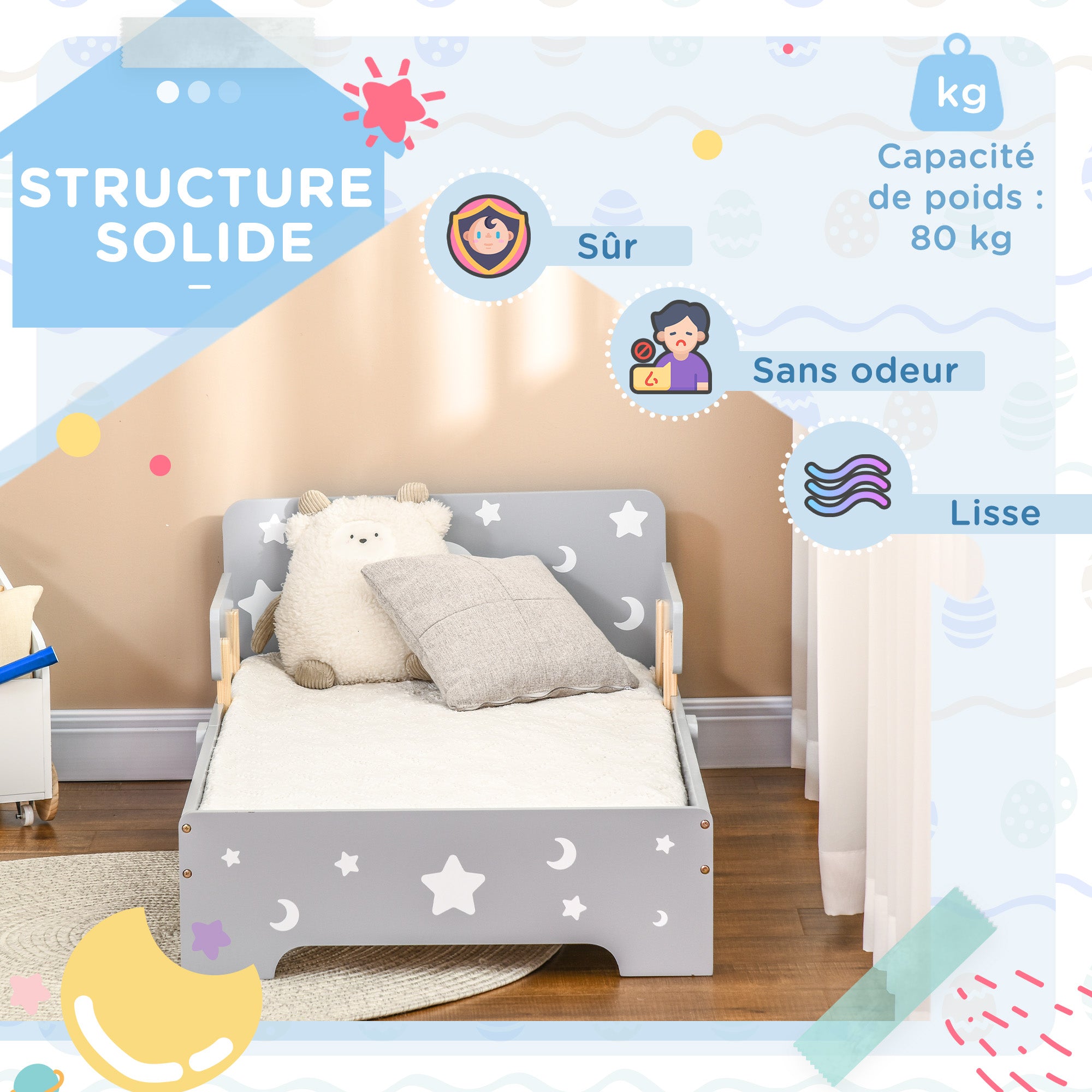 ZONEKIZ Children's Bed, Floor Bed for Children, 3 to 6 years old, 143 x 76 cm, star and moon design, slatted base included, for a child's room, gray