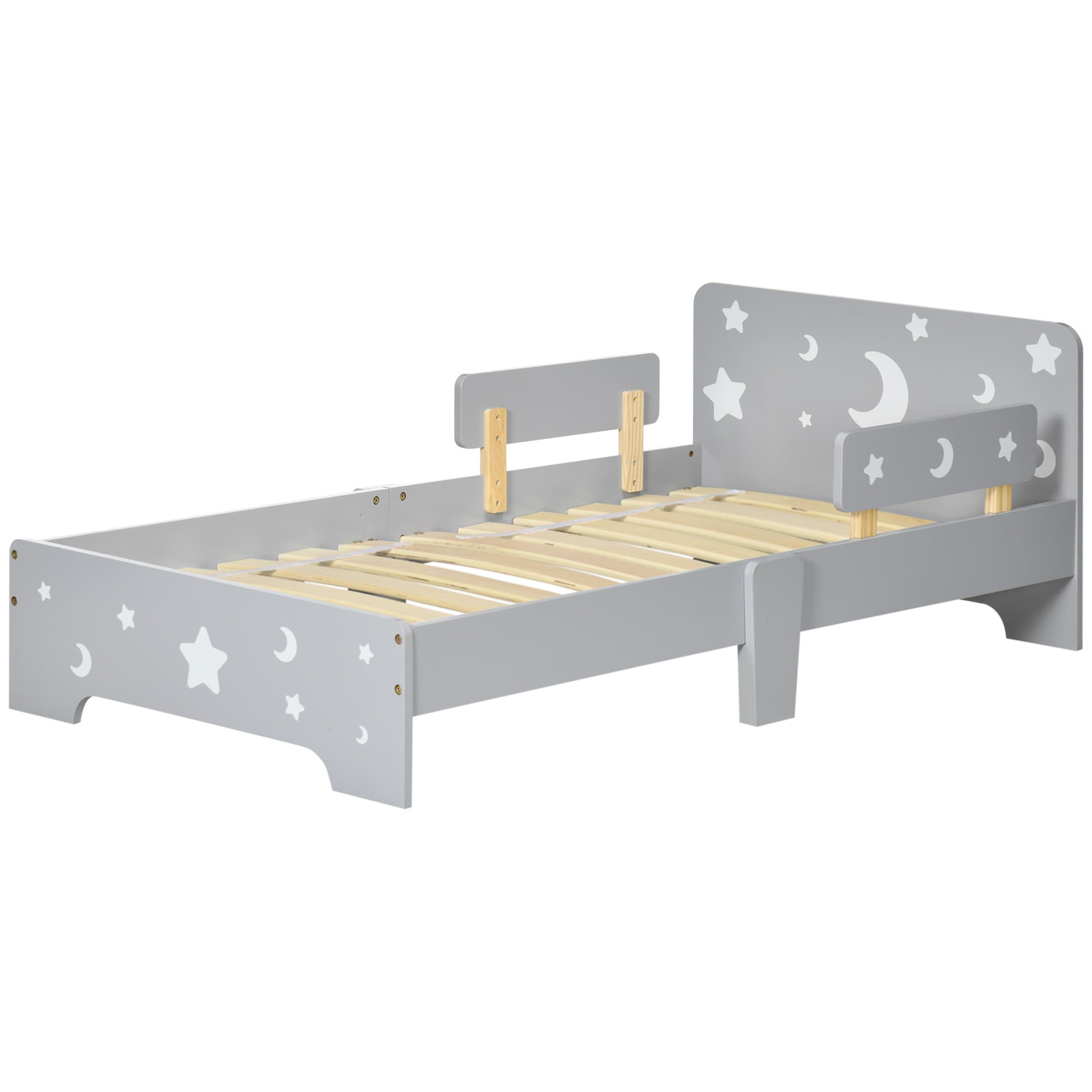 ZONEKIZ Children's Bed, Floor Bed for Children, 3 to 6 years old, 143 x 76 cm, star and moon design, slatted base included, for a child's room, gray