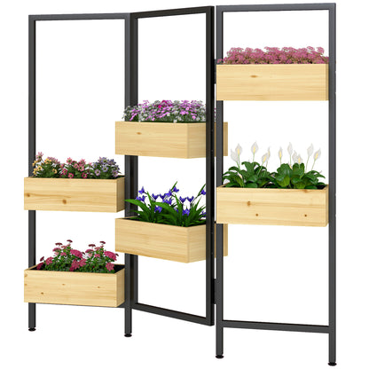 Foldable Vertical Planter & Trellis — 6 Wooden Planters with Drainage, Steel Room Divider for Patio, Balcony & Indoor (45.7 x 7.9 x 44.1 in)