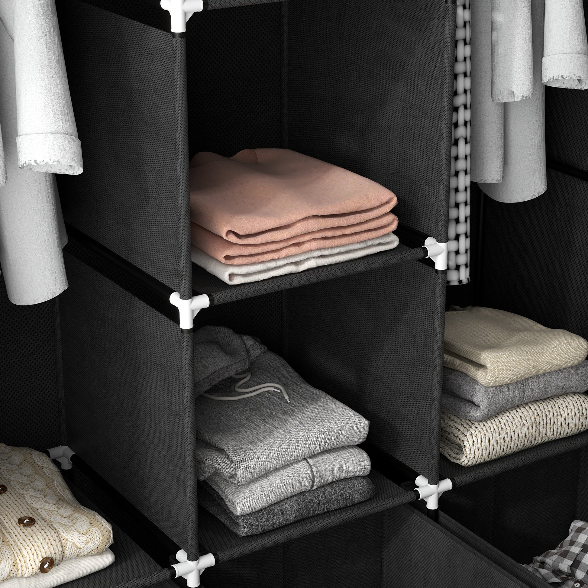 Wardrobe Fabric Wardrobe with Clothes Rail, Drawers, Zipper Foldable Wardrobe for Bedroom, Dressing Room, 125 x 43 x 162.5 cm, Black