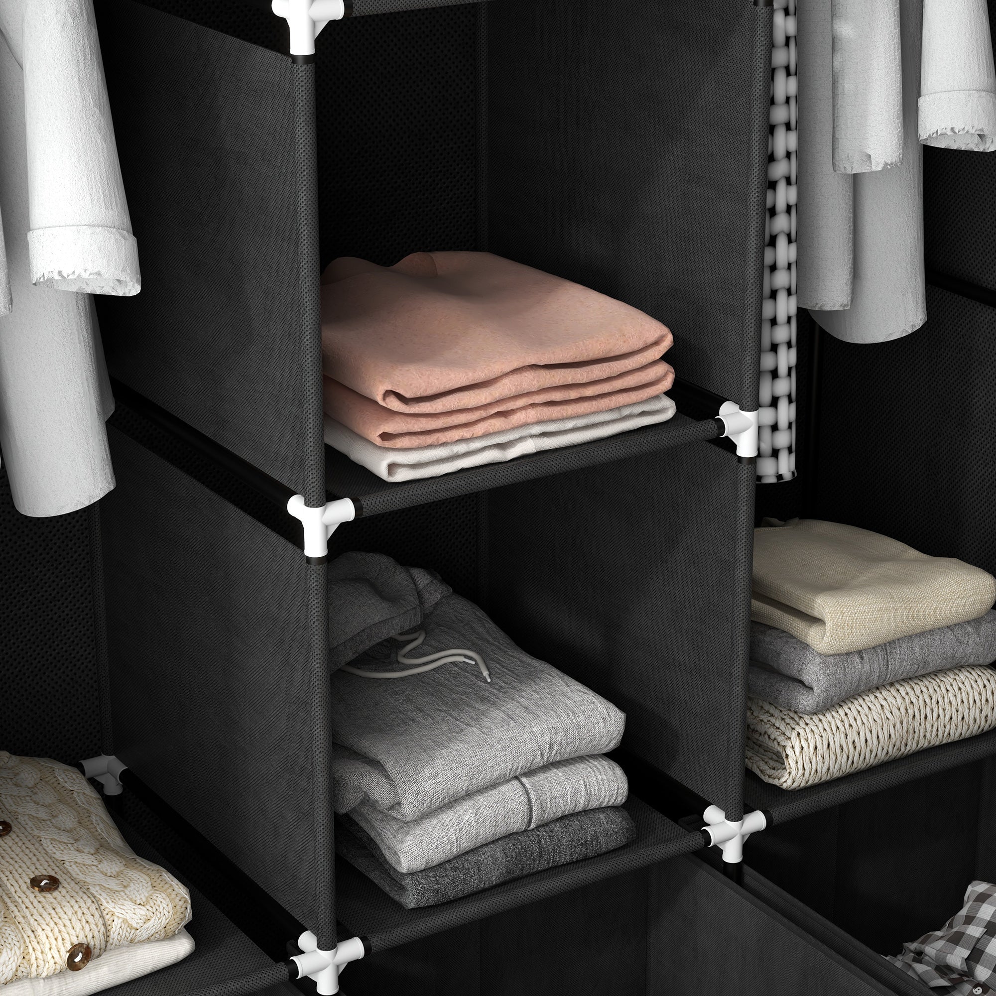 Wardrobe Fabric Wardrobe with Clothes Rail, Drawers, Zipper Foldable Wardrobe for Bedroom, Dressing Room, 125 x 43 x 162.5 cm, Black
