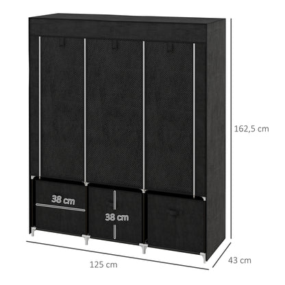 Wardrobe Fabric Wardrobe with Clothes Rail, Drawers, Zipper Foldable Wardrobe for Bedroom, Dressing Room, 125 x 43 x 162.5 cm, Black