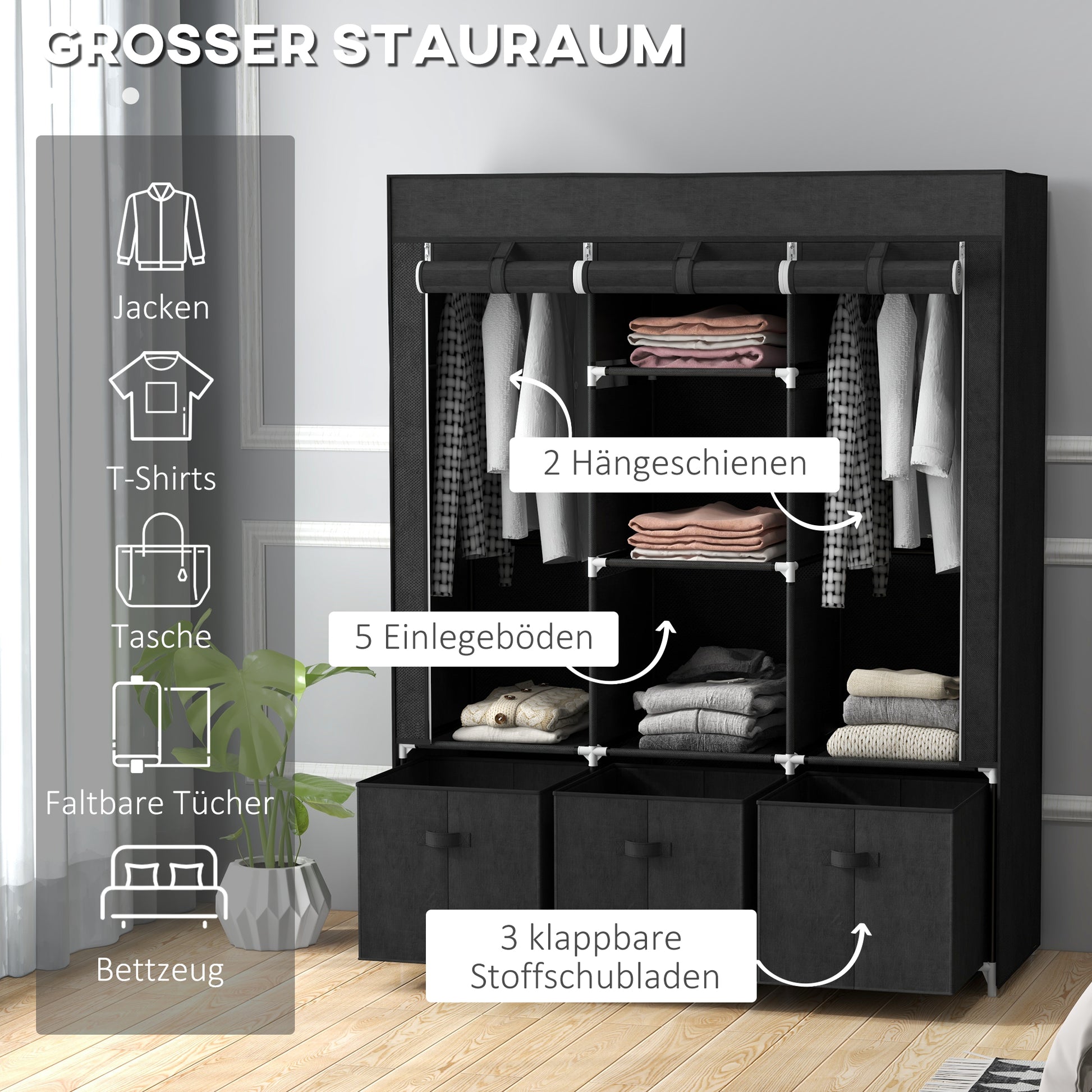 Wardrobe Fabric Wardrobe with Clothes Rail, Drawers, Zipper Foldable Wardrobe for Bedroom, Dressing Room, 125 x 43 x 162.5 cm, Black