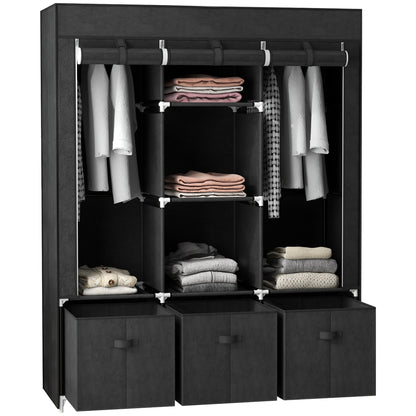 Wardrobe Fabric Wardrobe with Clothes Rail, Drawers, Zipper Foldable Wardrobe for Bedroom, Dressing Room, 125 x 43 x 162.5 cm, Black