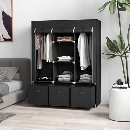 Wardrobe Fabric Wardrobe with Clothes Rail, Drawers, Zipper Foldable Wardrobe for Bedroom, Dressing Room, 125 x 43 x 162.5 cm, Black