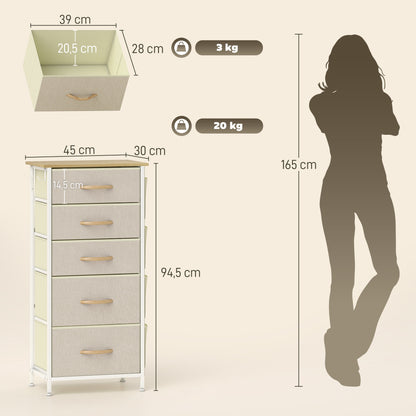 5-Drawer Fabric Dresser with Hooks & Side Pockets, Steel Frame – Beige