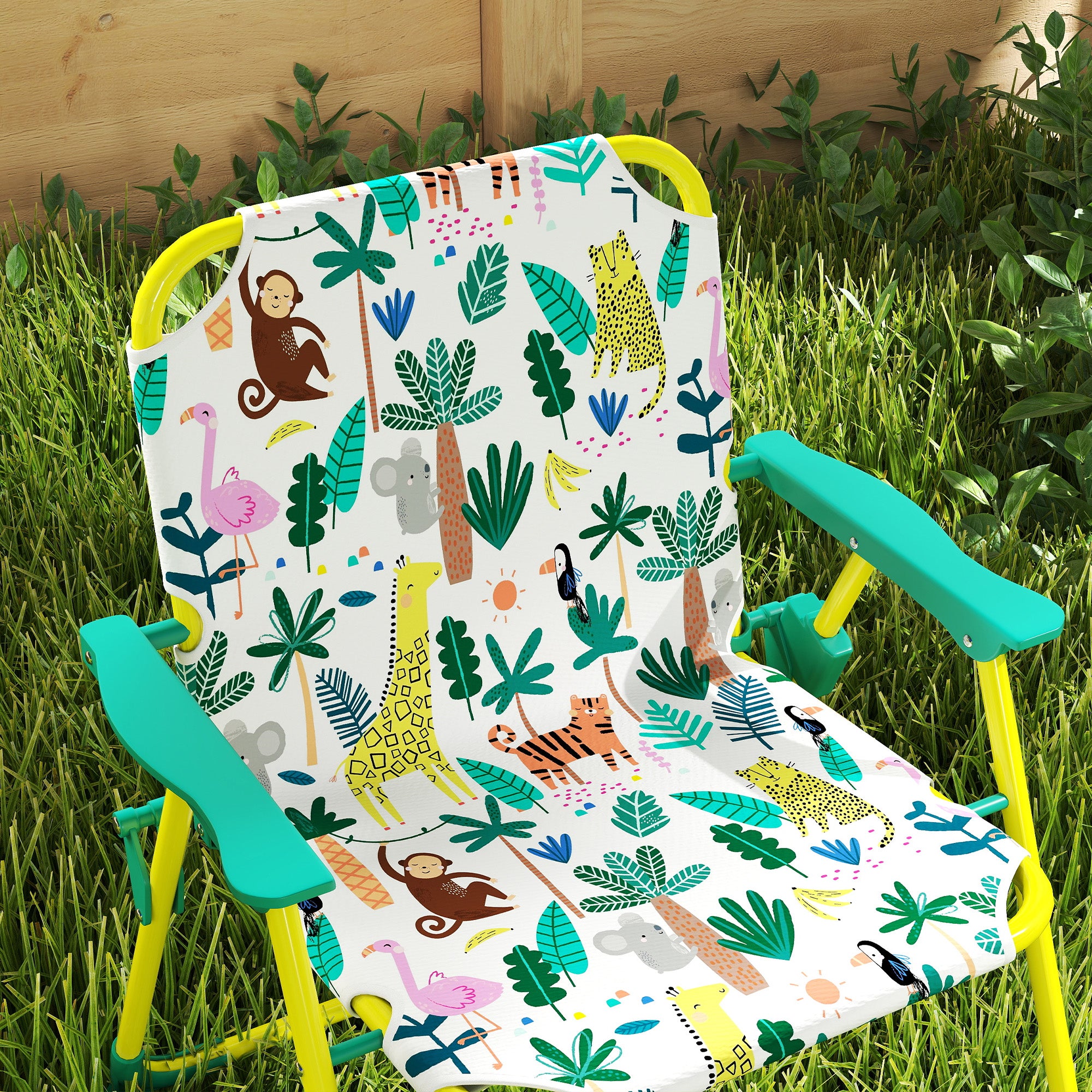 4-Piece Children's Garden Table & Chairs — Folding Kids Table with Detachable Umbrella, Jungle Design, Green