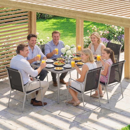 7-Piece Outdoor Dining Set – Tempered Glass Table with 6 Stackable Breathable Chairs, Weather-Resistant Powder-Coated Metal Frame, Black & Silver