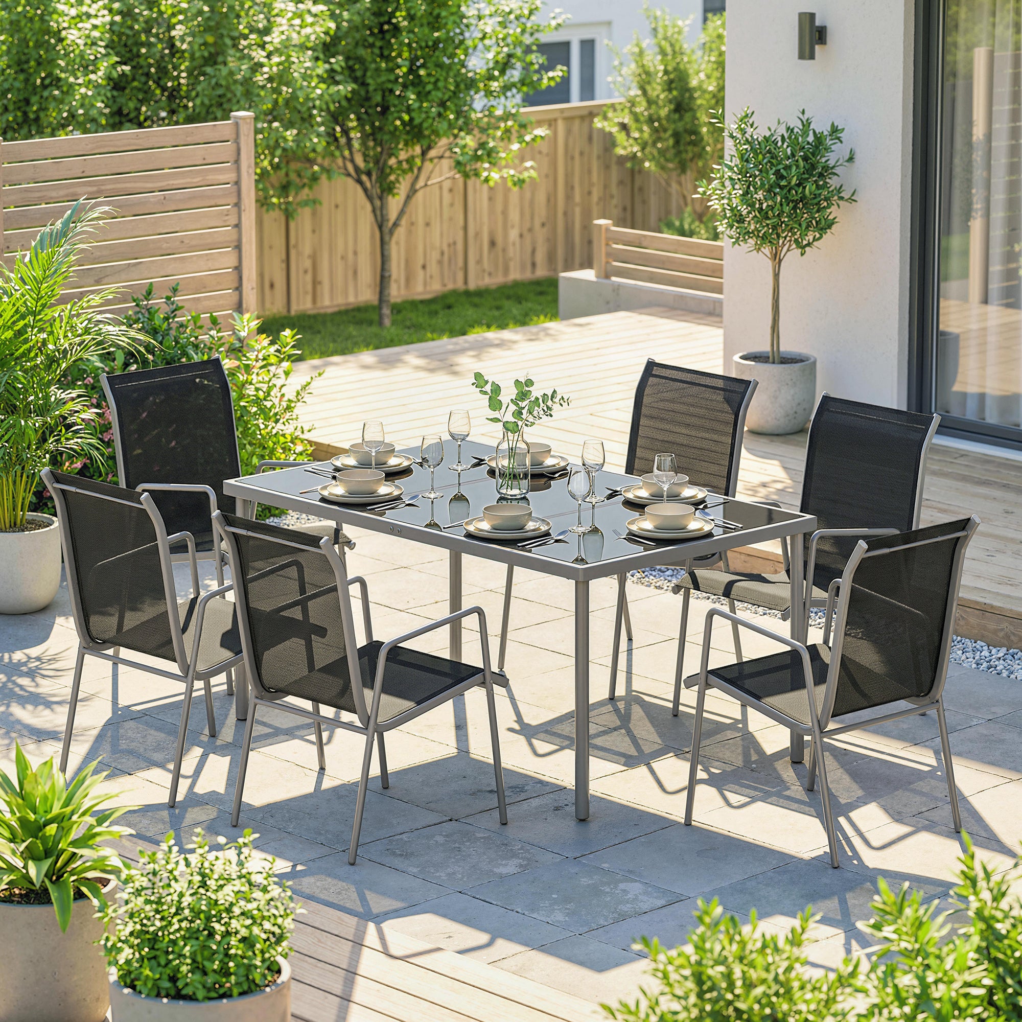 7-Piece Outdoor Dining Set – Tempered Glass Table with 6 Stackable Breathable Chairs, Weather-Resistant Powder-Coated Metal Frame, Black & Silver