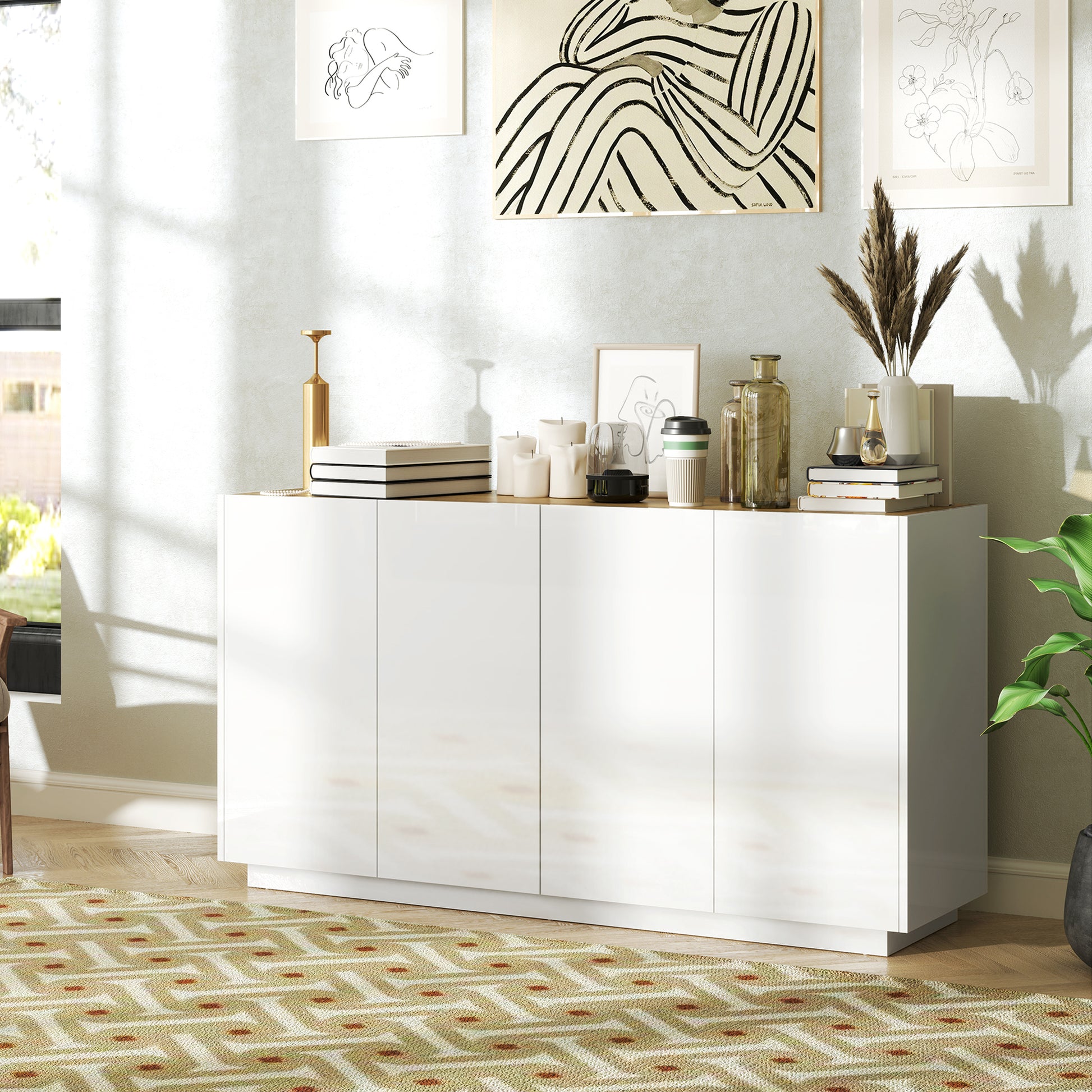 Dining Room Buffet, Kitchen Buffet, with 4 Soft-Close Doors and Adjustable Shelves, 140 x 40 x 75 cm, High Gloss White