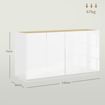 Dining Room Buffet, Kitchen Buffet, with 4 Soft-Close Doors and Adjustable Shelves, 140 x 40 x 75 cm, High Gloss White
