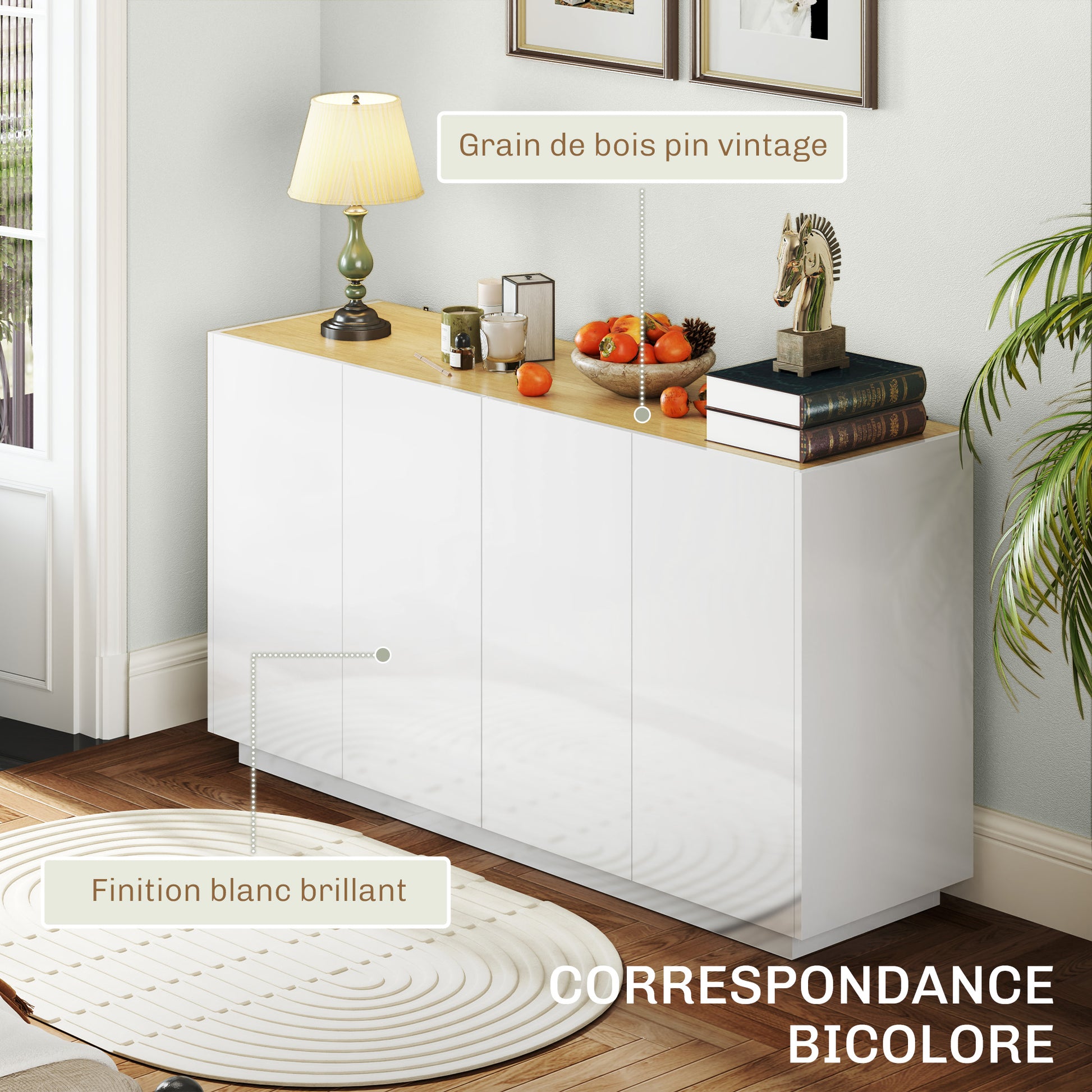 Dining Room Buffet, Kitchen Buffet, with 4 Soft-Close Doors and Adjustable Shelves, 140 x 40 x 75 cm, High Gloss White
