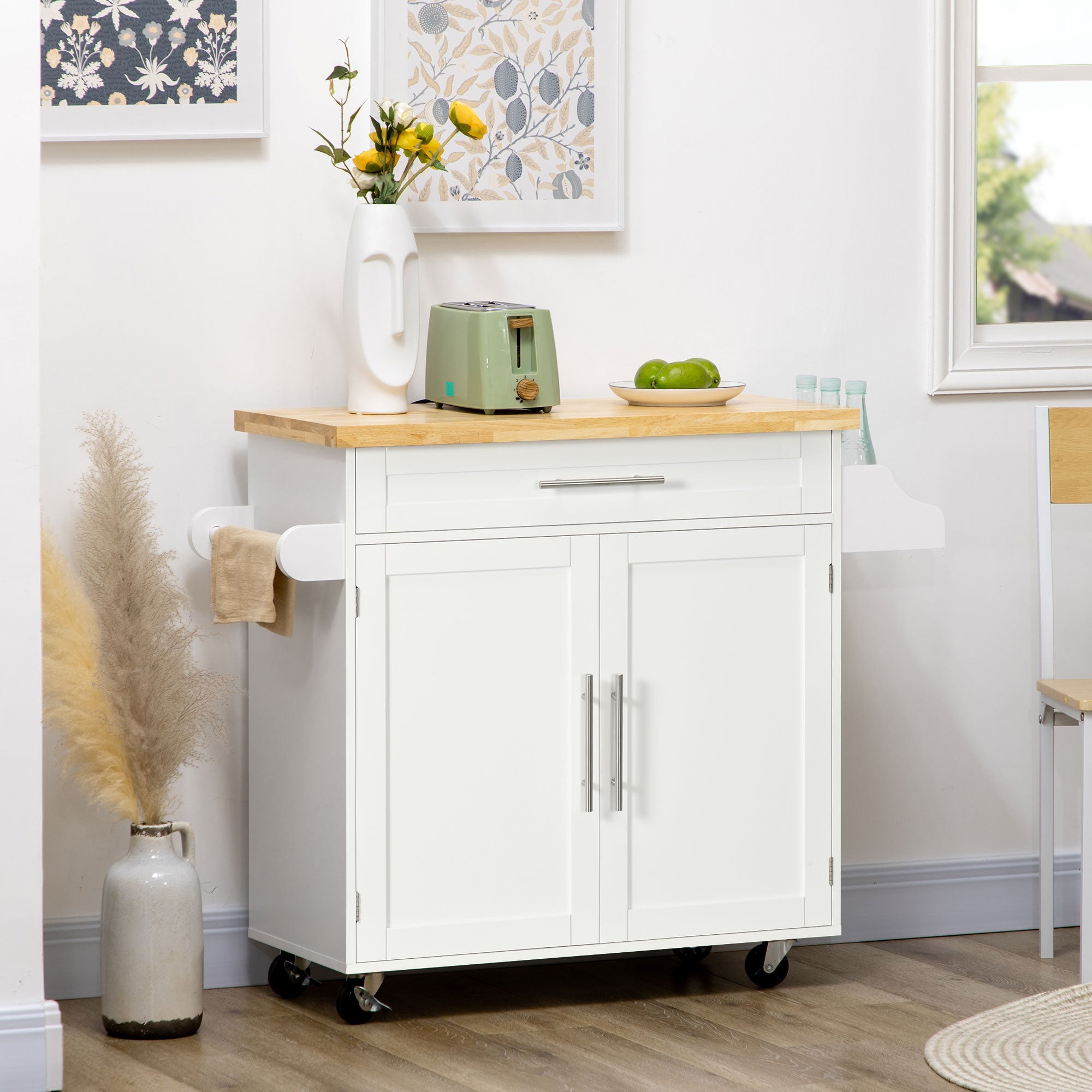 Multi-purpose Kitchen Trolley with Drawer, Wheels, Spice Rack and Cabinet, Kitchen Cabinet with Adjustable Shelf, Towel Rack and Rubberwood Top, 109x40x89 cm, White