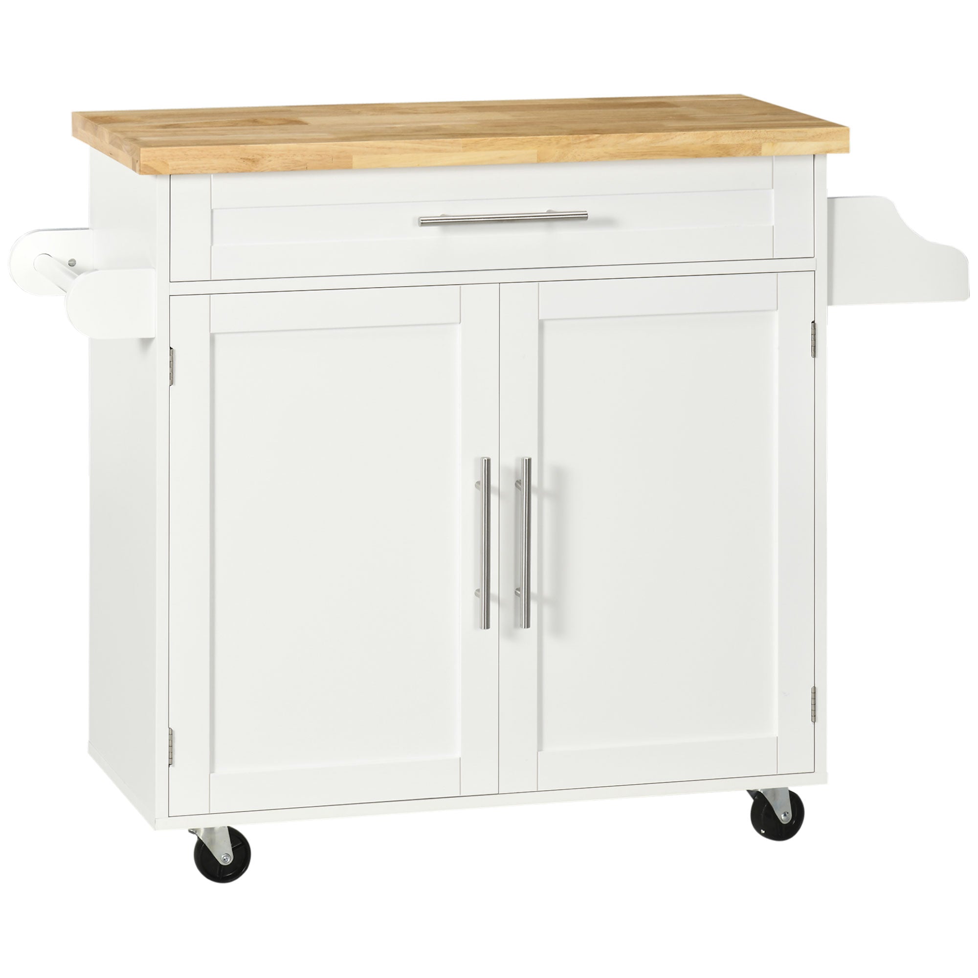 Multi-purpose Kitchen Trolley with Drawer, Wheels, Spice Rack and Cabinet, Kitchen Cabinet with Adjustable Shelf, Towel Rack and Rubberwood Top, 109x40x89 cm, White