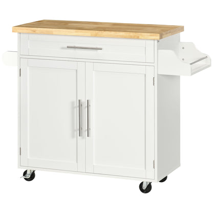Multi-purpose Kitchen Trolley with Drawer, Wheels, Spice Rack and Cabinet, Kitchen Cabinet with Adjustable Shelf, Towel Rack and Rubberwood Top, 109x40x89 cm, White