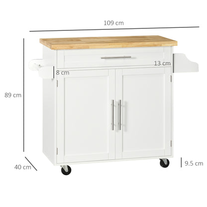 Multi-purpose Kitchen Trolley with Drawer, Wheels, Spice Rack and Cabinet, Kitchen Cabinet with Adjustable Shelf, Towel Rack and Rubberwood Top, 109x40x89 cm, White