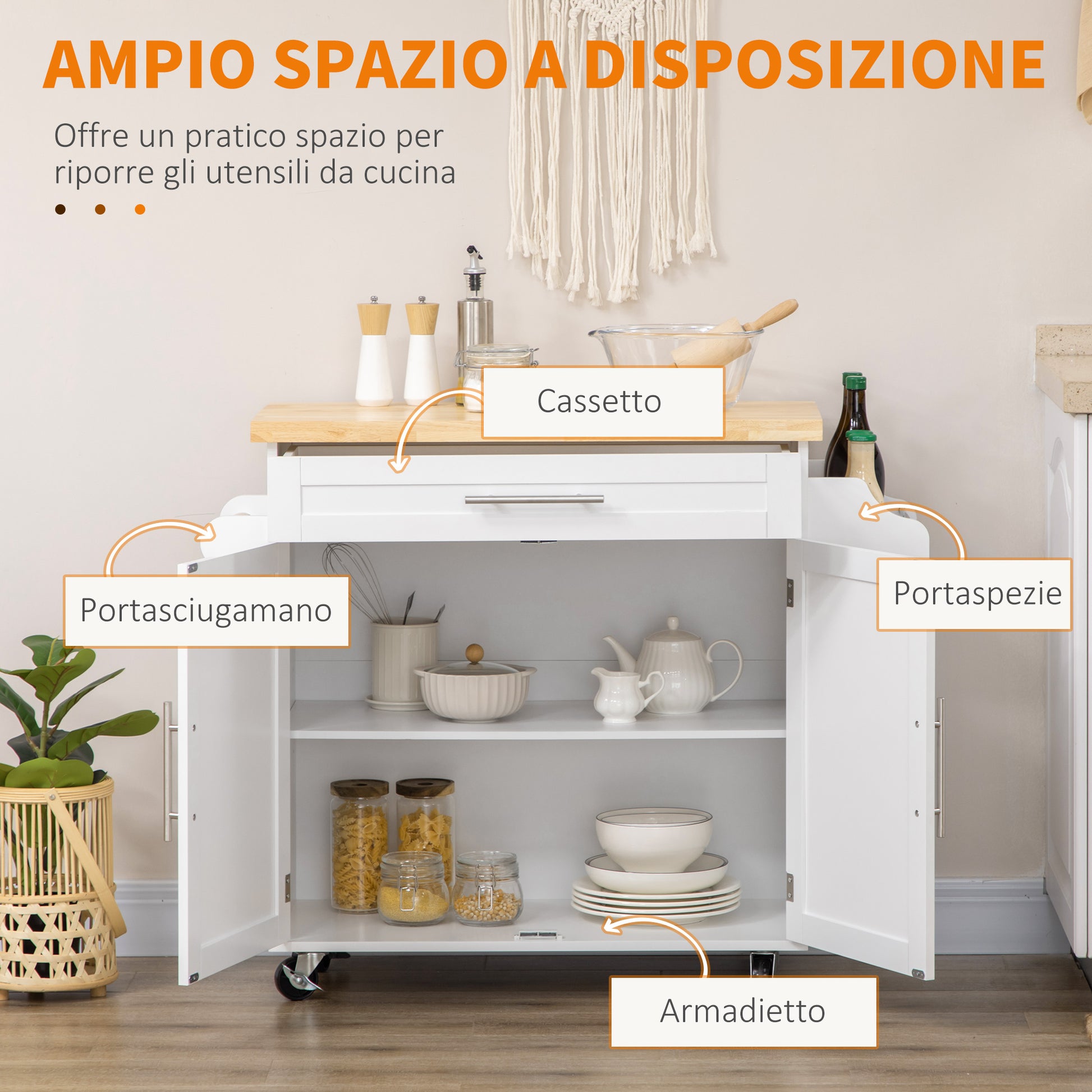 Multi-purpose Kitchen Trolley with Drawer, Wheels, Spice Rack and Cabinet, Kitchen Cabinet with Adjustable Shelf, Towel Rack and Rubberwood Top, 109x40x89 cm, White