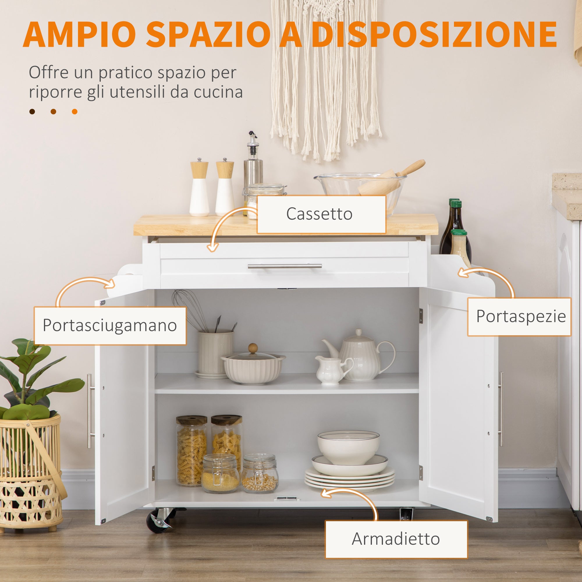Multi-purpose Kitchen Trolley with Drawer, Wheels, Spice Rack and Cabinet, Kitchen Cabinet with Adjustable Shelf, Towel Rack and Rubberwood Top, 109x40x89 cm, White