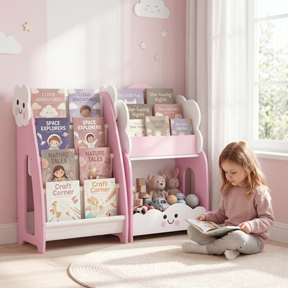 Kids Storage Unit for Ages 3–8, Modular Toy Organizer with 4-Shelf Magazine Rack, 3-Tier Bookcase & Nightstand, Pink