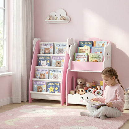 Kids Storage Unit for Ages 3–8, Modular Toy Organizer with 4-Shelf Magazine Rack, 3-Tier Bookcase & Nightstand, Pink